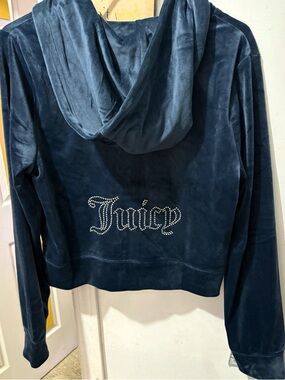 Juicy Couture Navy Blue Velour Zip-Up Hoodie with Pink Zipper Pull